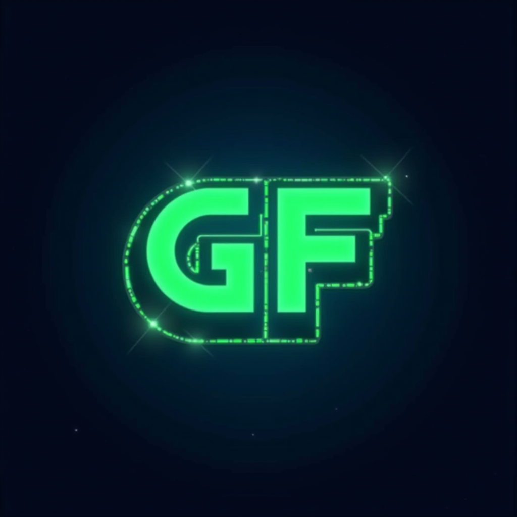 GameFandom logo featuring stylized letters GF in neon green on deep space blue background with pixel art border accents