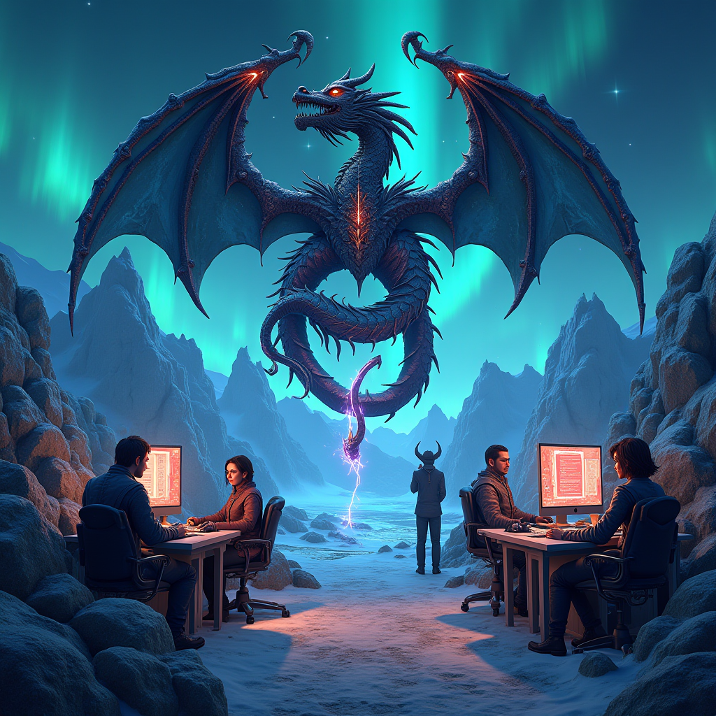 A vibrant digital illustration showing The Elder Scrolls V: Skyrim's iconic dragon logo surrounded by creative mod elements including custom armor sets, magical effects, new landscapes, and community creator avatars working on computers with code and 3D models visible on screens, all set against a backdrop of Skyrim's mountainous terrain with aurora borealis lighting