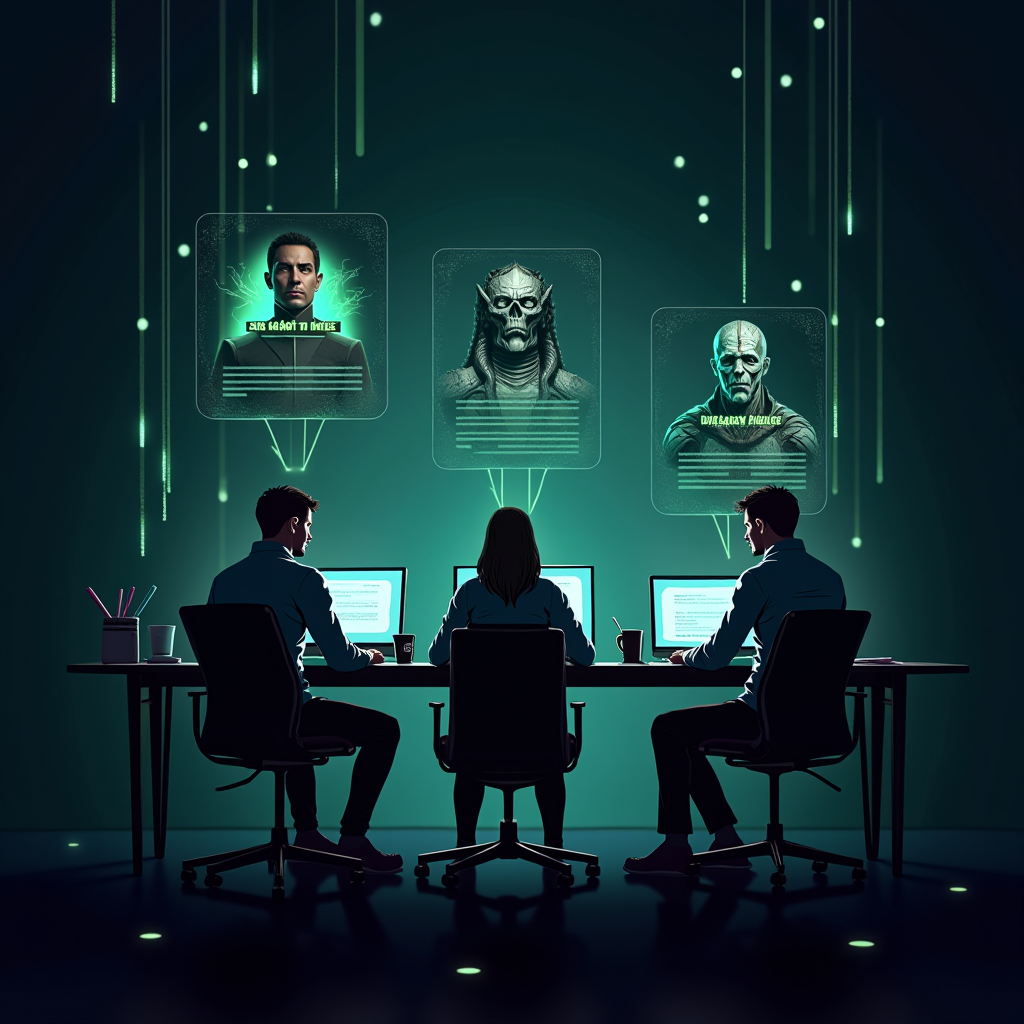 Digital illustration of diverse writers collaborating on fan fiction stories, surrounded by floating holographic screens showing characters from Mass Effect, Dragon Age, and Hades, with glowing neon green text streams connecting their creative work in a dark futuristic workspace