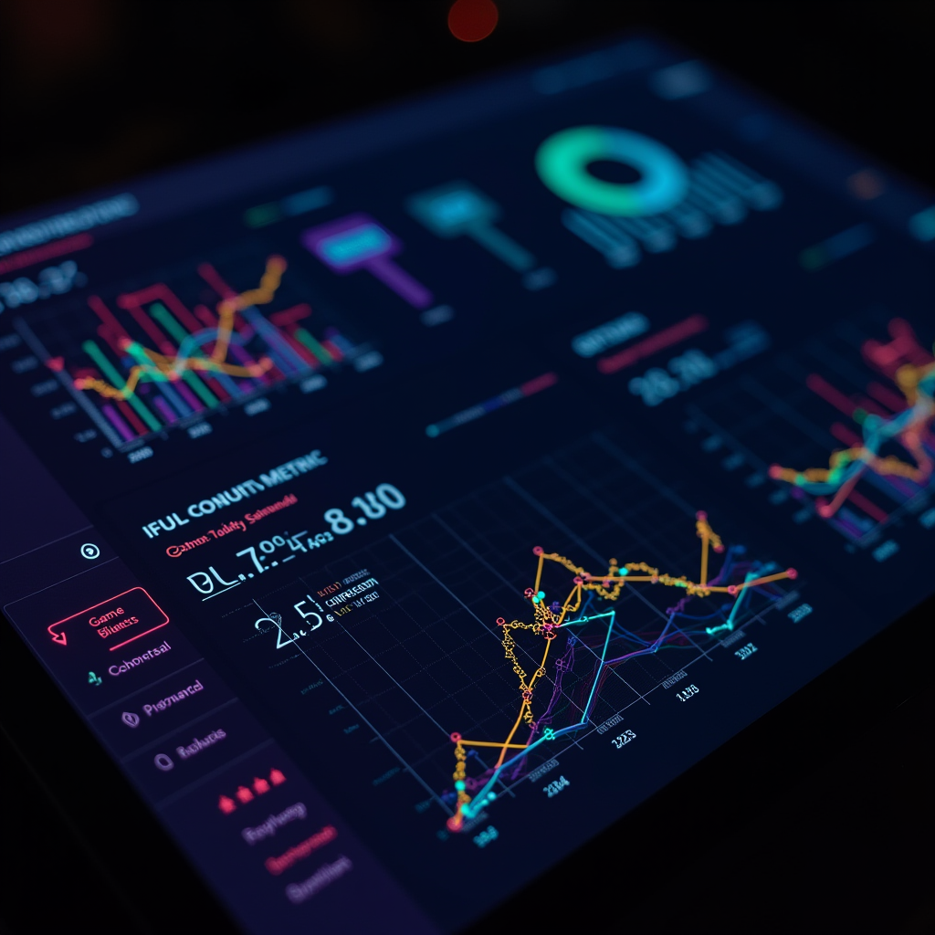 Comprehensive data visualization dashboard showing correlation graphs between fan content creation metrics and game success indicators, featuring colorful charts with player retention curves, DLC sales trends, and community engagement statistics overlaid on a dark gaming-themed interface with neon accents