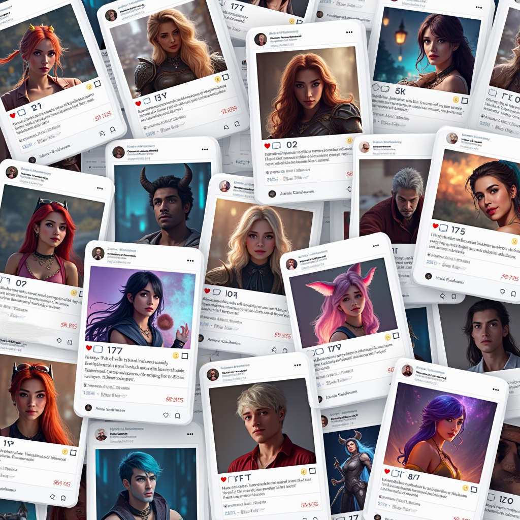 Collage of social media profiles showing fan art posts with thousands of likes and comments, featuring fantasy game characters and vibrant digital paintings
