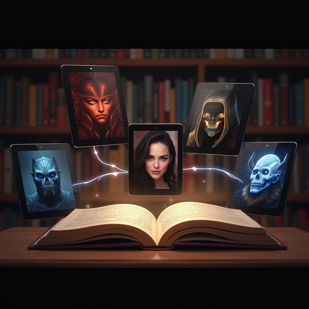 An artistic composition showing open books and digital tablets displaying fan fiction stories, with character portraits from Mass Effect, Dragon Age, and Hades floating around them, interconnected by glowing lines representing story connections, set against a background of a cozy writing space with bookshelves and ambient lighting creating a creative atmosphere