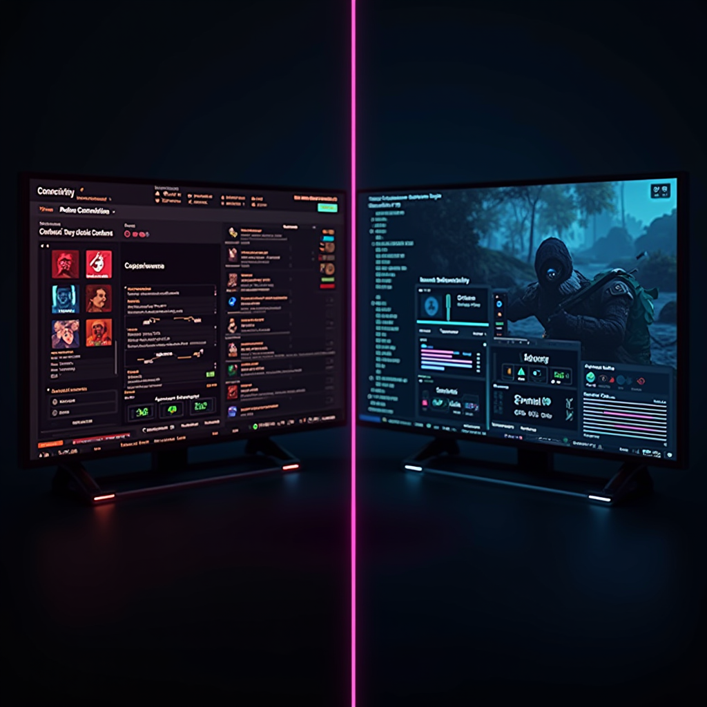 A side-by-side comparison showing a game interface before and after accessibility mods, with the modified version featuring enhanced contrast, larger text, visual audio indicators, and customizable UI elements highlighted in bright neon colors, demonstrating the dramatic improvements in usability