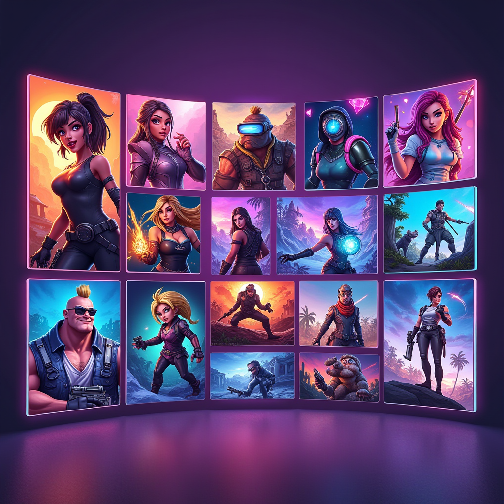 Vibrant collage showcasing diverse fan art styles for popular games, including digital paintings, character illustrations, concept art reimaginings, and creative interpretations, arranged in a dynamic grid layout with glowing borders and a royal purple background highlighting the artistic diversity of gaming communities