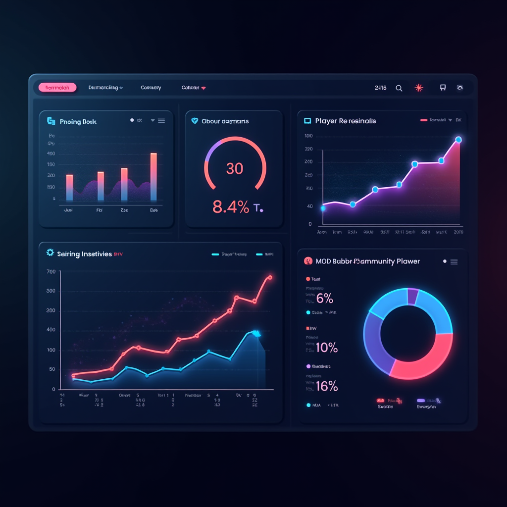 Modern data visualization dashboard showing upward trending graphs, pie charts, and statistics about gaming community engagement, mod downloads, and player retention with glowing neon accents