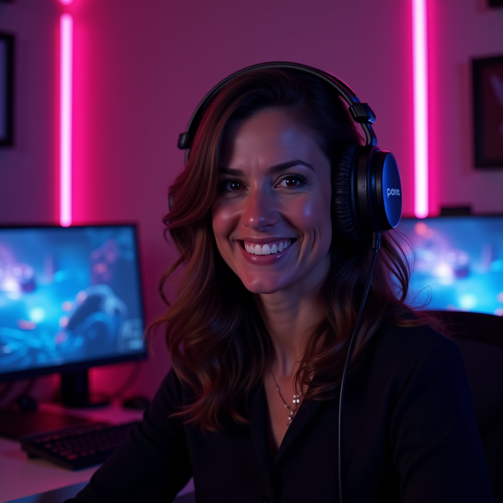 Marina Costa, Editor-in-Chief, wearing gaming headset and smiling confidently, surrounded by gaming memorabilia and neon lighting