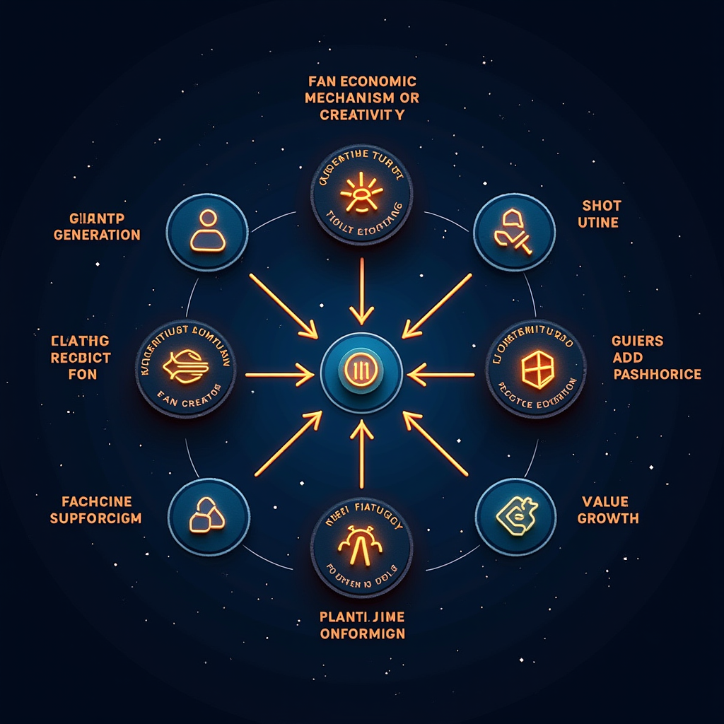 Detailed flowchart illustrating the five economic mechanisms of fan creativity, showing interconnected pathways from fan content creation to revenue generation, player retention, and franchise growth, rendered in sunset orange and electric lime on a deep space blue background with connecting arrows and value indicators