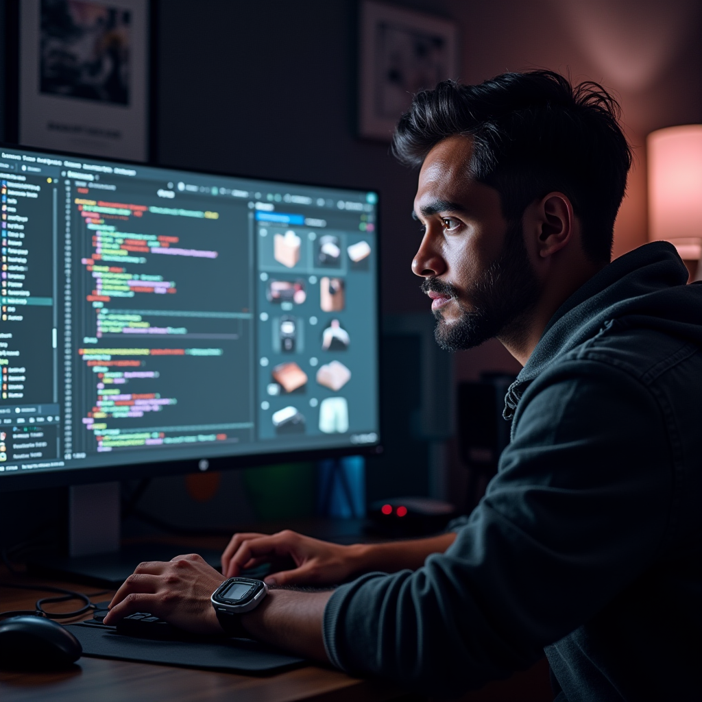Rafael Almeida, Lead Modding Analyst, focused on computer screen showing code and 3D models, wearing casual gaming attire