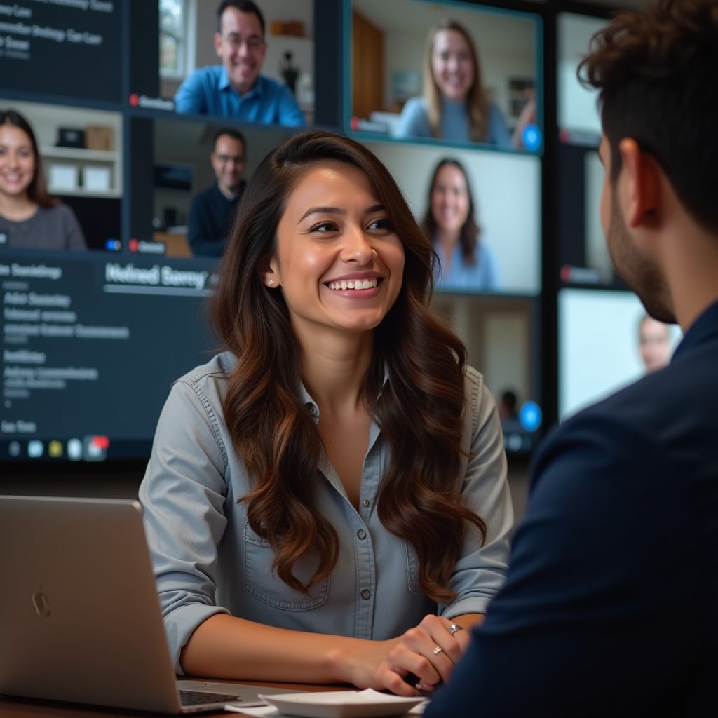 Julia Santos, Community Manager, engaging with online community on multiple screens, energetic and approachable demeanor