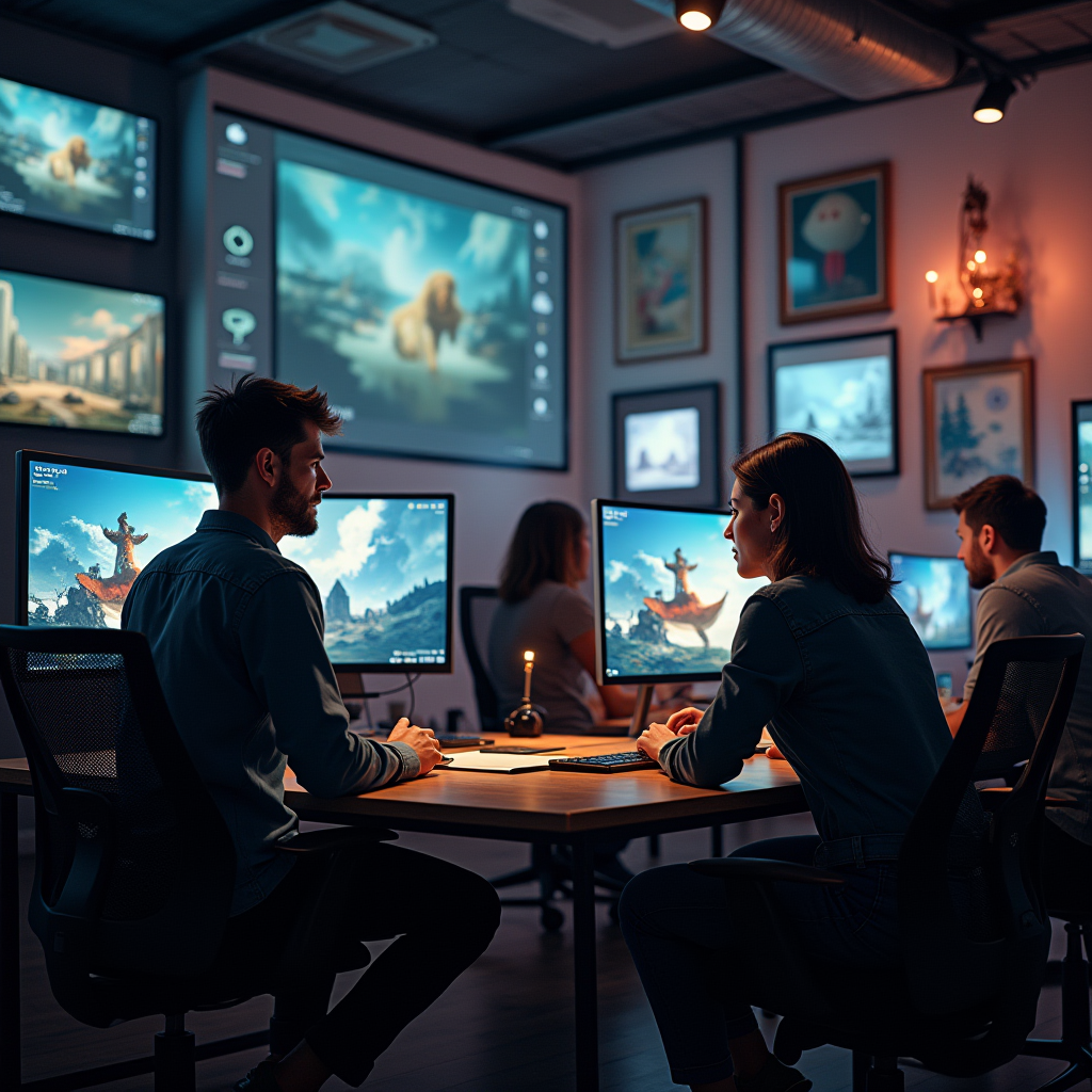 Diverse team of artists working together in a modern game studio, with concept art on screens, collaborative workspace, and creative energy